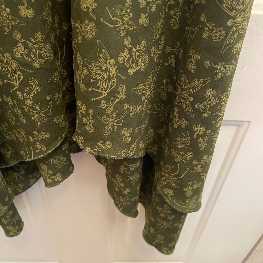 Thorn & Fable Olive Green Skeleton Fairy Print Handkerchief Hem Midi Skirt 1X - Picture 5 of 7